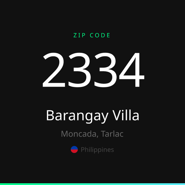 Shareable ZIP code 2334 card for Barangay Villa, dark theme