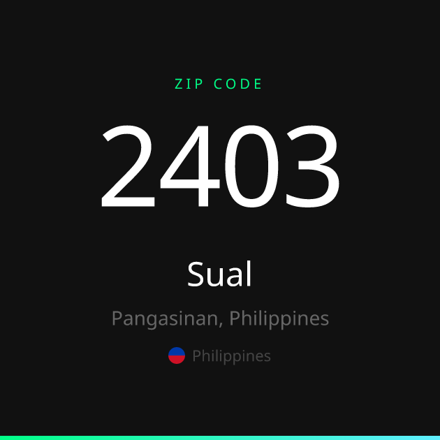 Shareable ZIP code 2403 card for Sual, dark theme