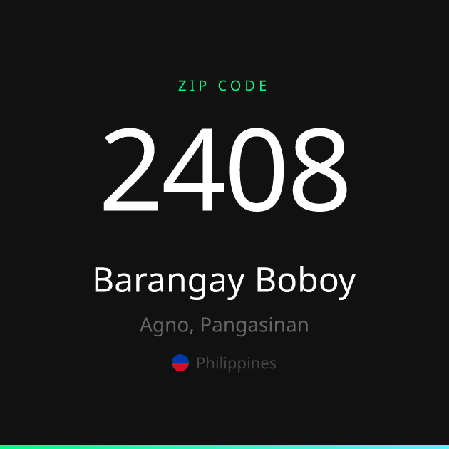 Shareable ZIP code 2408 card for Barangay Boboy, dark theme