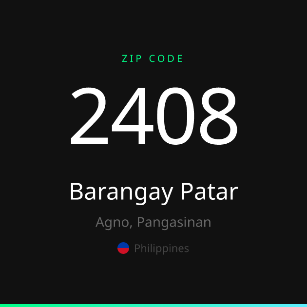 Shareable ZIP code 2408 card for Barangay Patar, dark theme