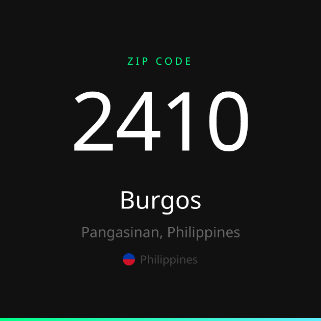 Shareable ZIP code 2410 card for Burgos, dark theme