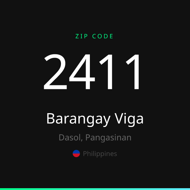 Shareable ZIP code 2411 card for Barangay Viga, dark theme