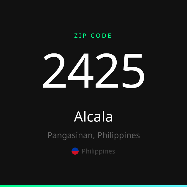 Shareable ZIP code 2425 card for Alcala, dark theme