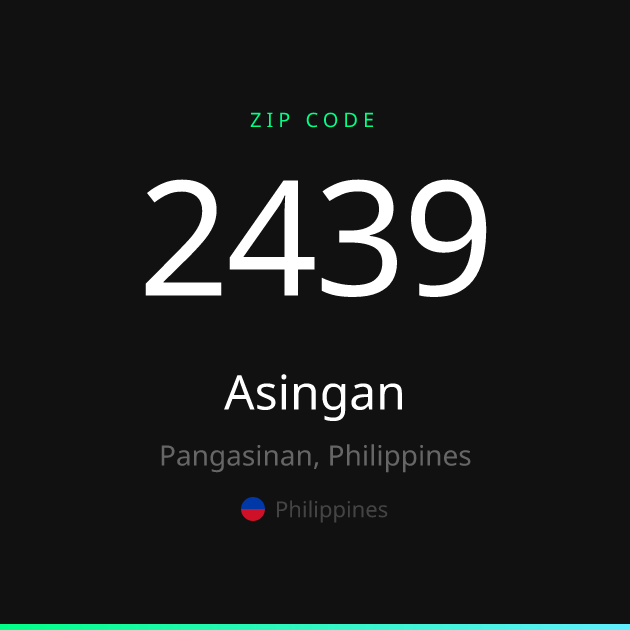Shareable ZIP code 2439 card for Asingan, dark theme