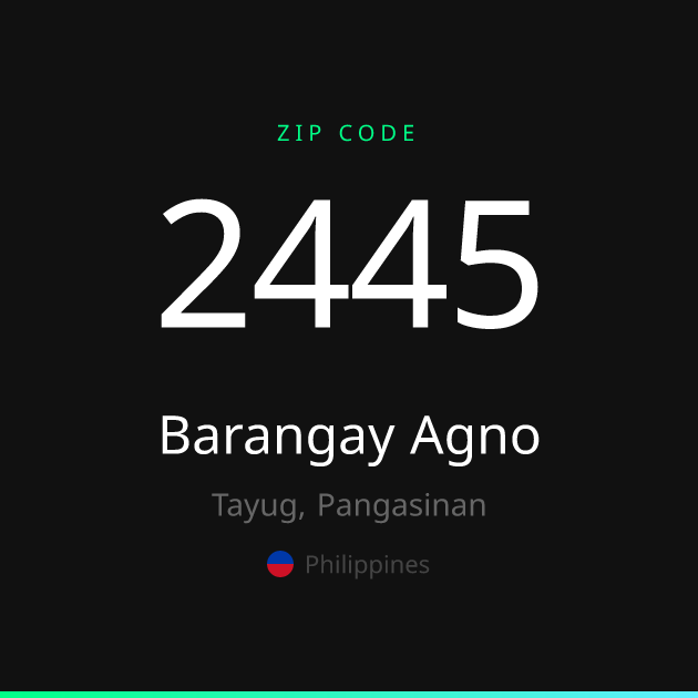 Shareable ZIP code 2445 card for Barangay Agno, dark theme