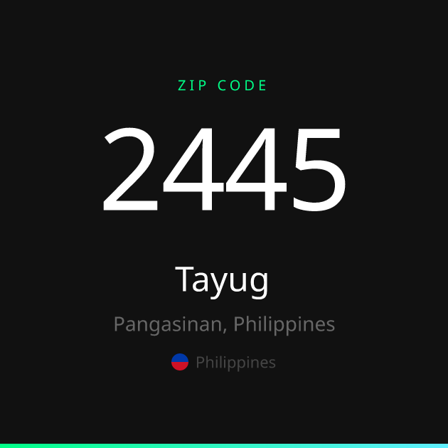 Shareable ZIP code 2445 card for Tayug, dark theme