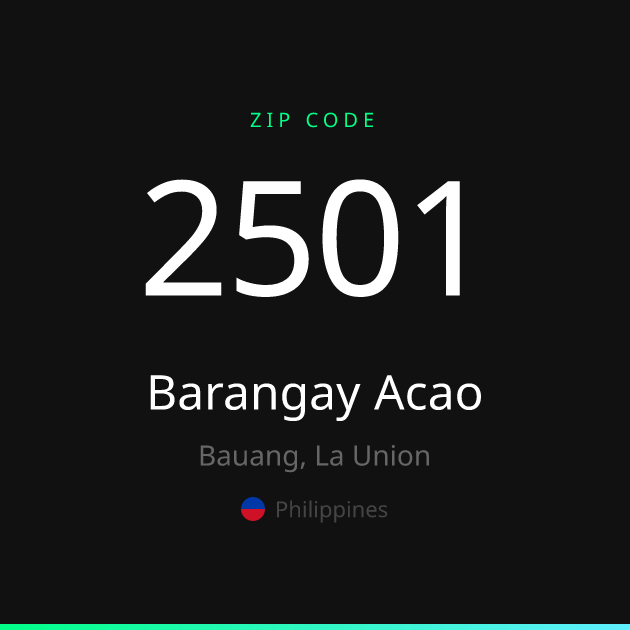 Shareable ZIP code 2501 card for Barangay Acao, dark theme