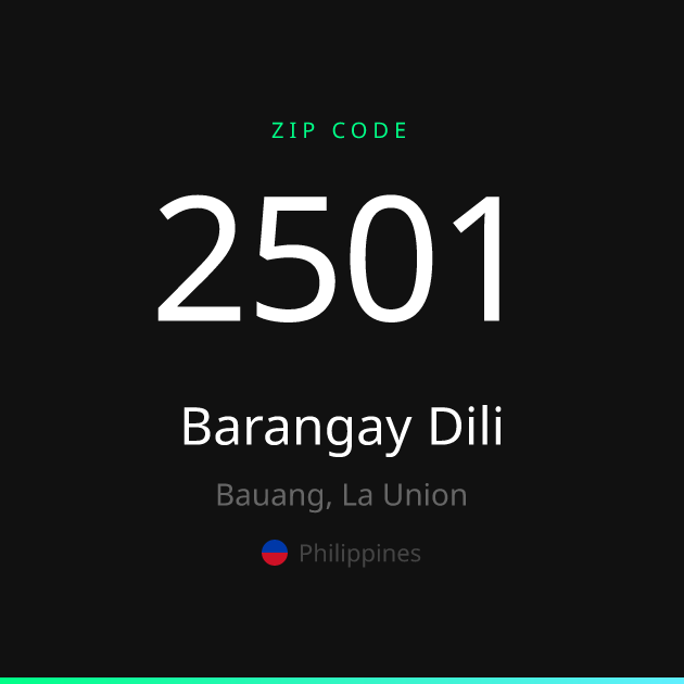 Shareable ZIP code 2501 card for Barangay Dili, dark theme