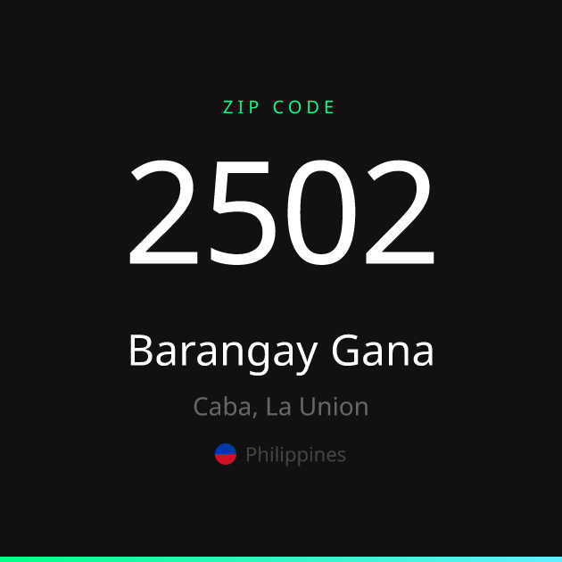 Shareable ZIP code 2502 card for Barangay Gana, dark theme