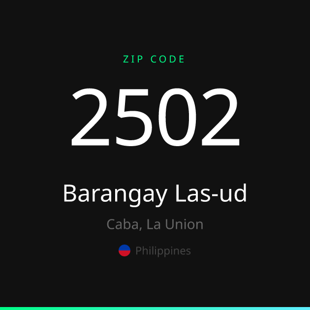 Shareable ZIP code 2502 card for Barangay Las-ud, dark theme