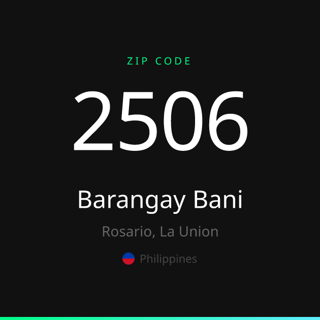 Shareable ZIP code 2506 card for Barangay Bani, dark theme