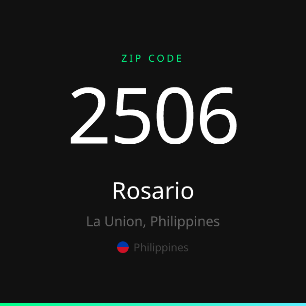 Shareable ZIP code 2506 card for Rosario, dark theme