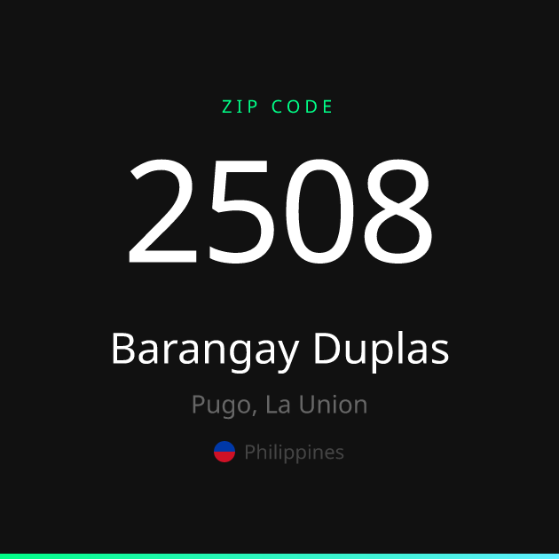Shareable ZIP code 2508 card for Barangay Duplas, dark theme