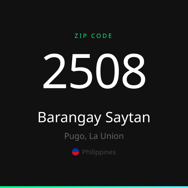 Shareable ZIP code 2508 card for Barangay Saytan, dark theme