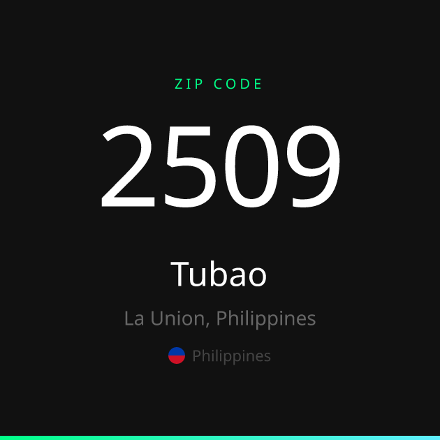 Shareable ZIP code 2509 card for Tubao, dark theme