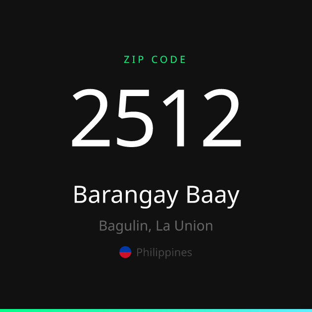 Shareable ZIP code 2512 card for Barangay Baay, dark theme