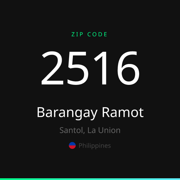 Shareable ZIP code 2516 card for Barangay Ramot, dark theme