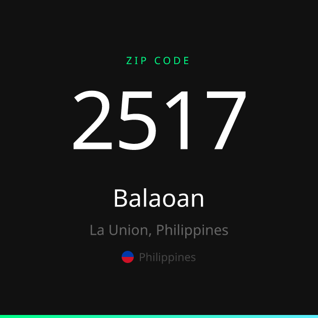 Shareable ZIP code 2517 card for Balaoan, dark theme