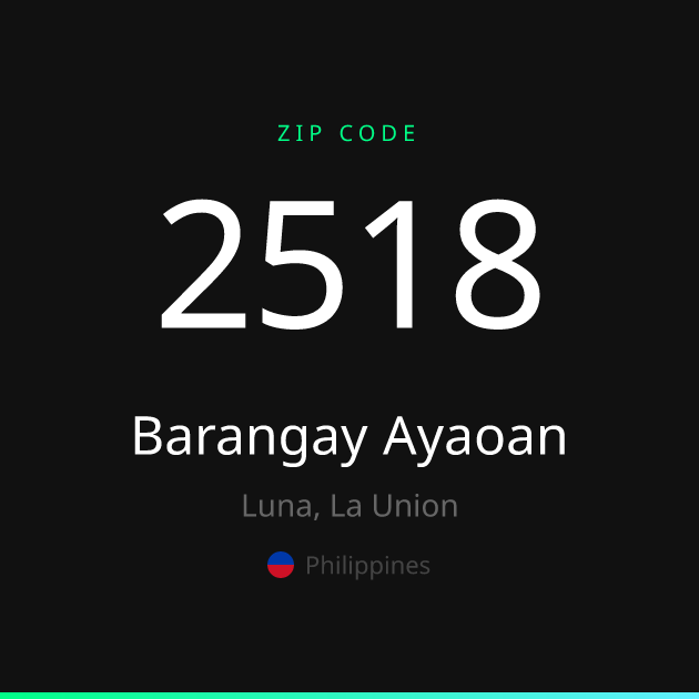 Shareable ZIP code 2518 card for Barangay Ayaoan, dark theme