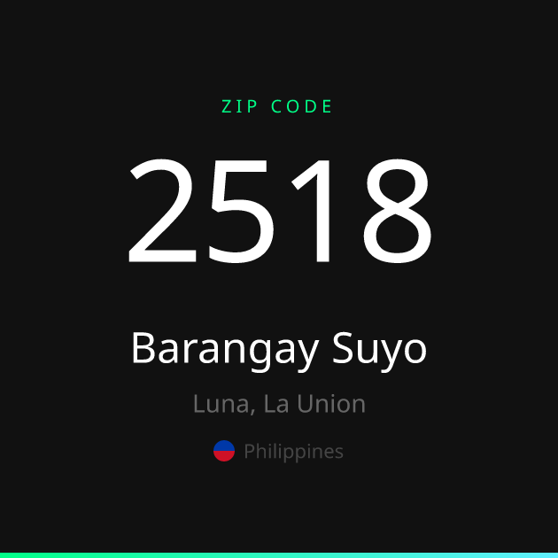 Shareable ZIP code 2518 card for Barangay Suyo, dark theme