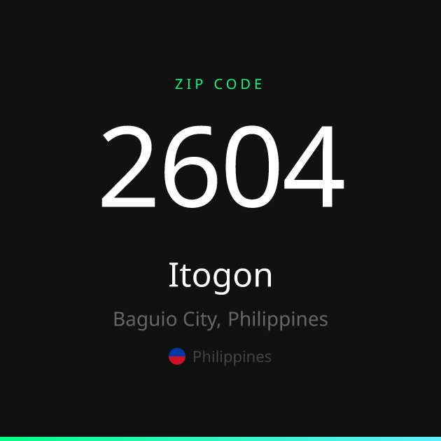 Shareable ZIP code 2604 card for Itogon, dark theme