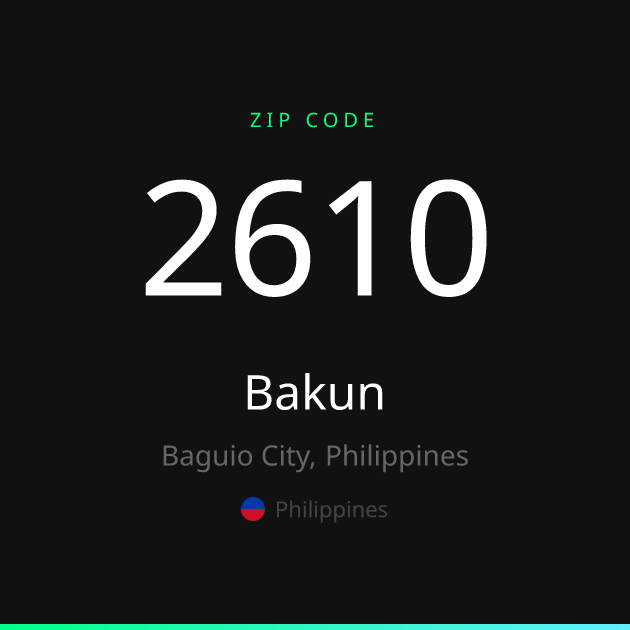Shareable ZIP code 2610 card for Bakun, dark theme