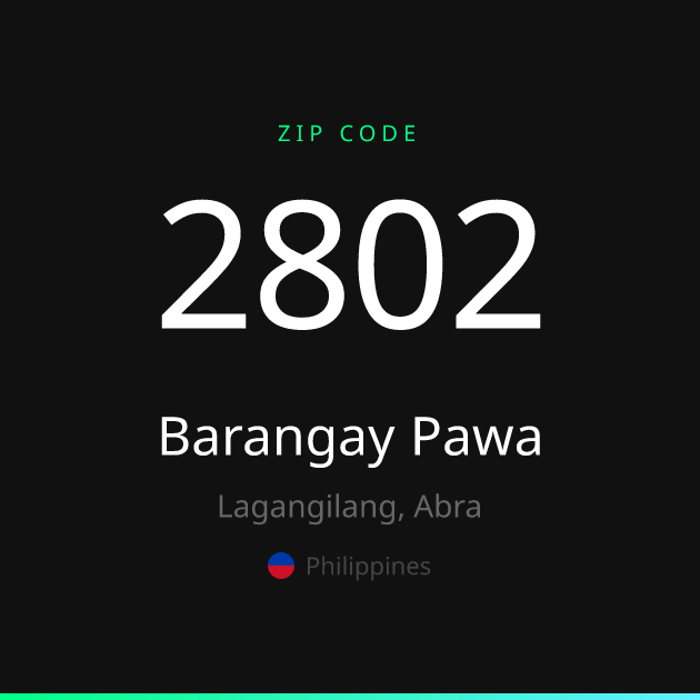 Shareable ZIP code 2802 card for Barangay Pawa, dark theme