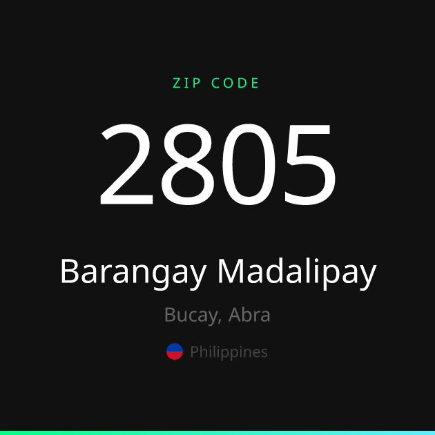 Shareable ZIP code 2805 card for Barangay Madalipay, dark theme