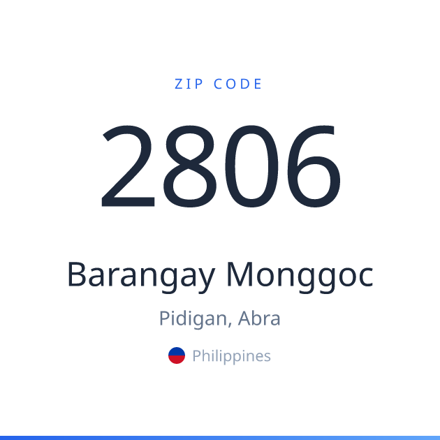 Shareable ZIP code 2806 card for Barangay Monggoc, light theme