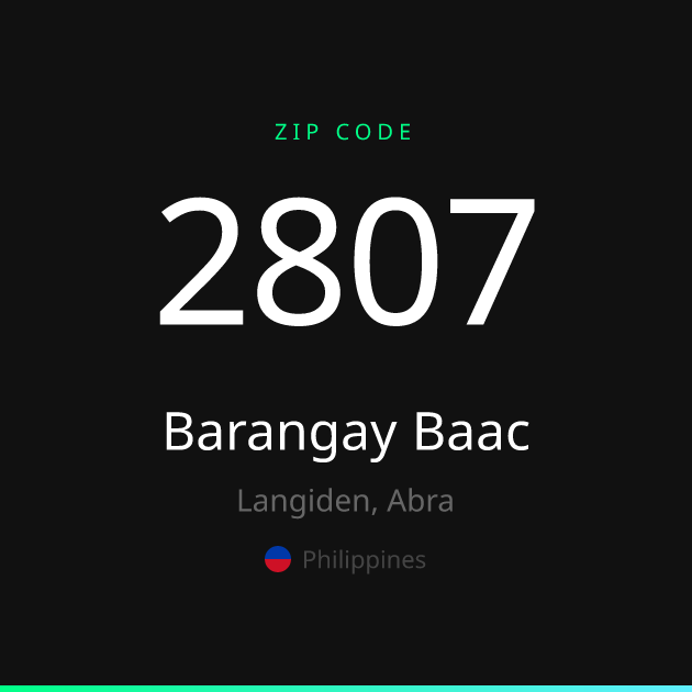 Shareable ZIP code 2807 card for Barangay Baac, dark theme