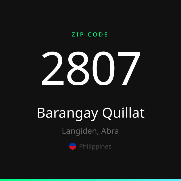 Shareable ZIP code 2807 card for Barangay Quillat, dark theme