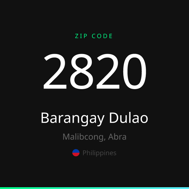Shareable ZIP code 2820 card for Barangay Dulao, dark theme