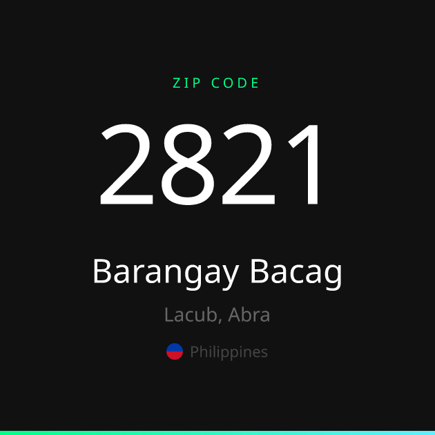Shareable ZIP code 2821 card for Barangay Bacag, dark theme