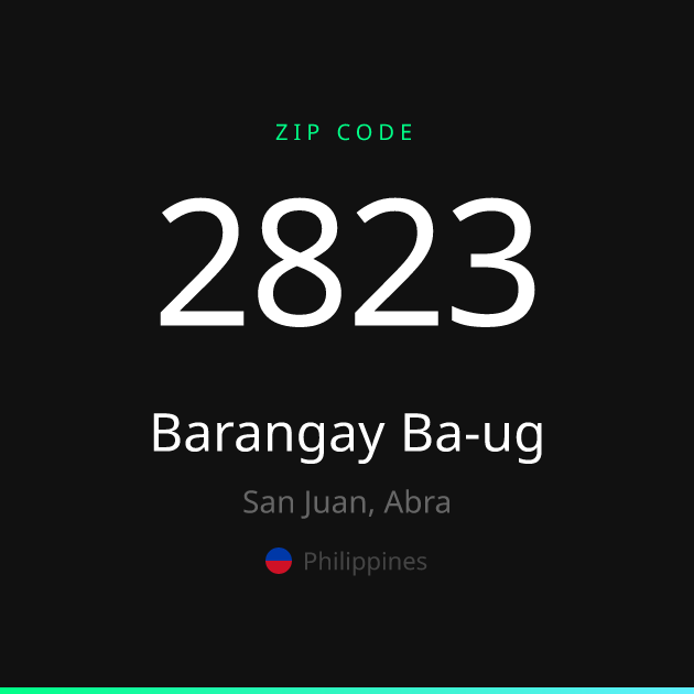 Shareable ZIP code 2823 card for Barangay Ba-ug, dark theme