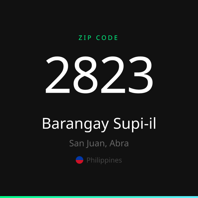 Shareable ZIP code 2823 card for Barangay Supi-il, dark theme