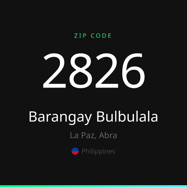 Shareable ZIP code 2826 card for Barangay Bulbulala, dark theme