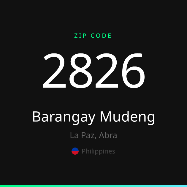 Shareable ZIP code 2826 card for Barangay Mudeng, dark theme