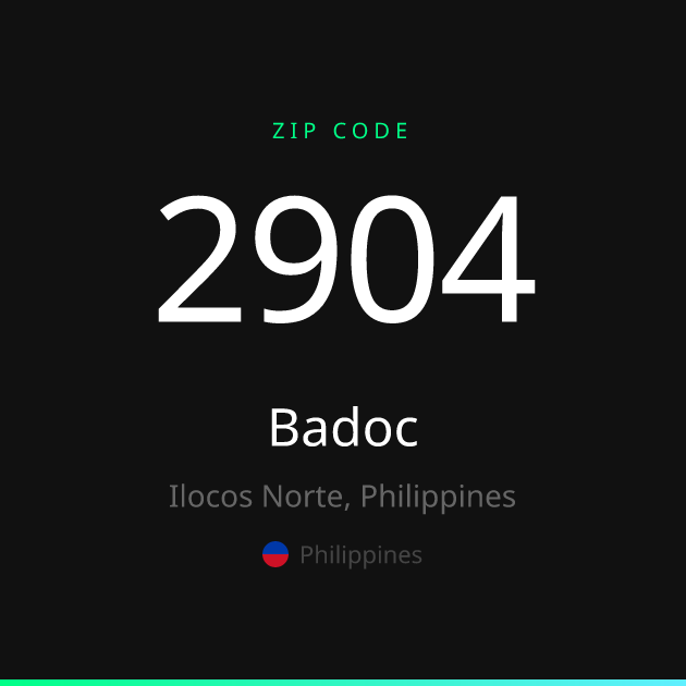 Shareable ZIP code 2904 card for Badoc, dark theme