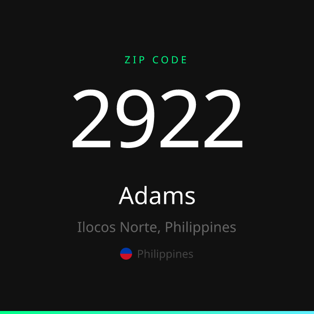 Shareable ZIP code 2922 card for Adams, dark theme