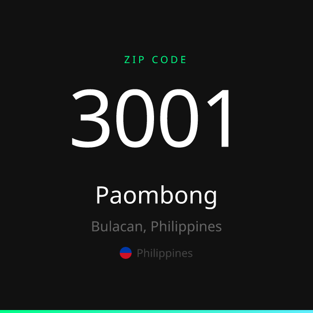 Shareable ZIP code 3001 card for Paombong, dark theme