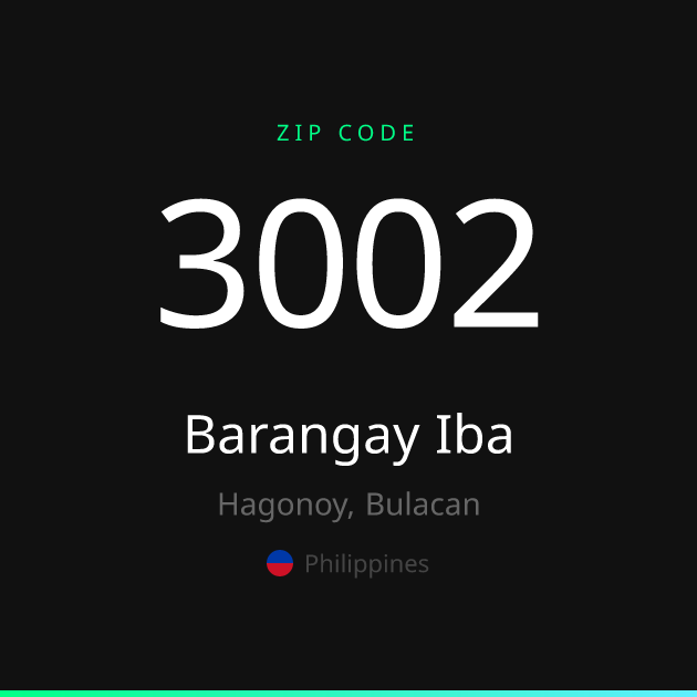 Shareable ZIP code 3002 card for Barangay Iba, dark theme