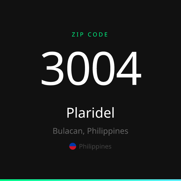 Shareable ZIP code 3004 card for Plaridel, dark theme
