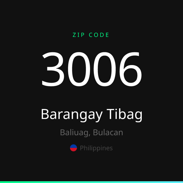 Shareable ZIP code 3006 card for Barangay Tibag, dark theme