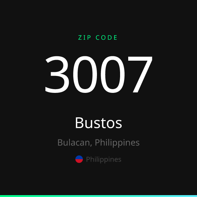 Shareable ZIP code 3007 card for Bustos, dark theme