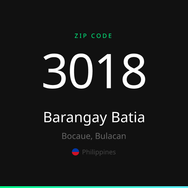 Shareable ZIP code 3018 card for Barangay Batia, dark theme