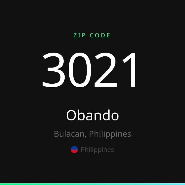 Shareable ZIP code 3021 card for Obando, dark theme