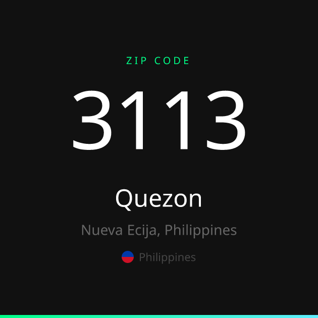 Shareable ZIP code 3113 card for Quezon, dark theme