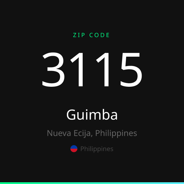 Shareable ZIP code 3115 card for Guimba, dark theme