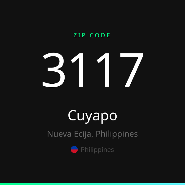 Shareable ZIP code 3117 card for Cuyapo, dark theme