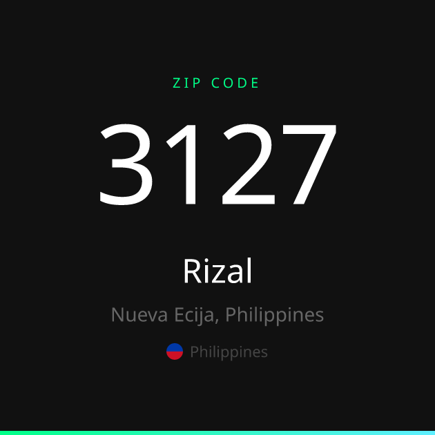 Shareable ZIP code 3127 card for Rizal, dark theme